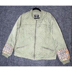 Johnny Was Workshop Green Quilted Bomber Jacket Embroidered Sleeves Size L